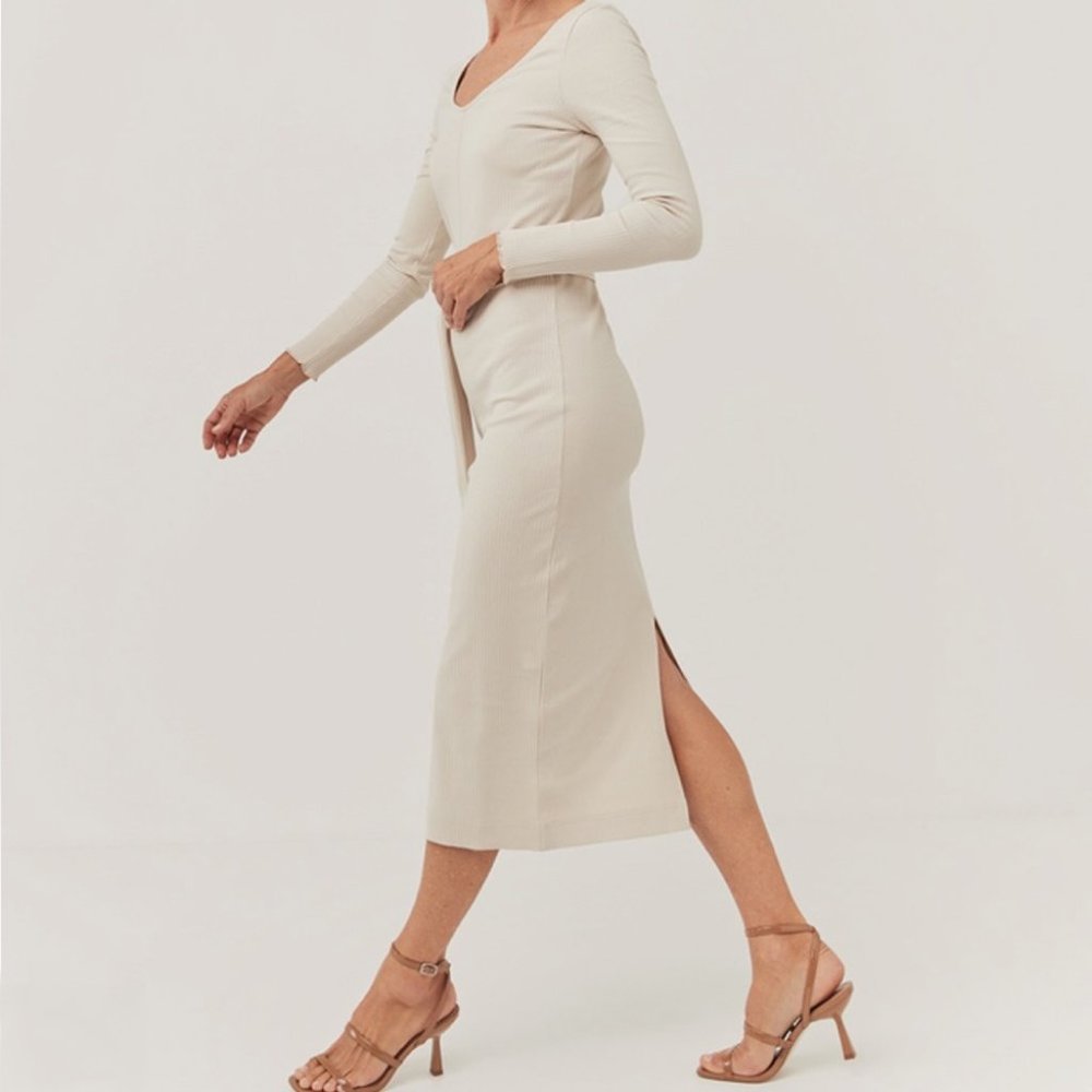 NWT Pact organic ivory cream Jazz stretch rib knit midi dress - Picture 2 of 7